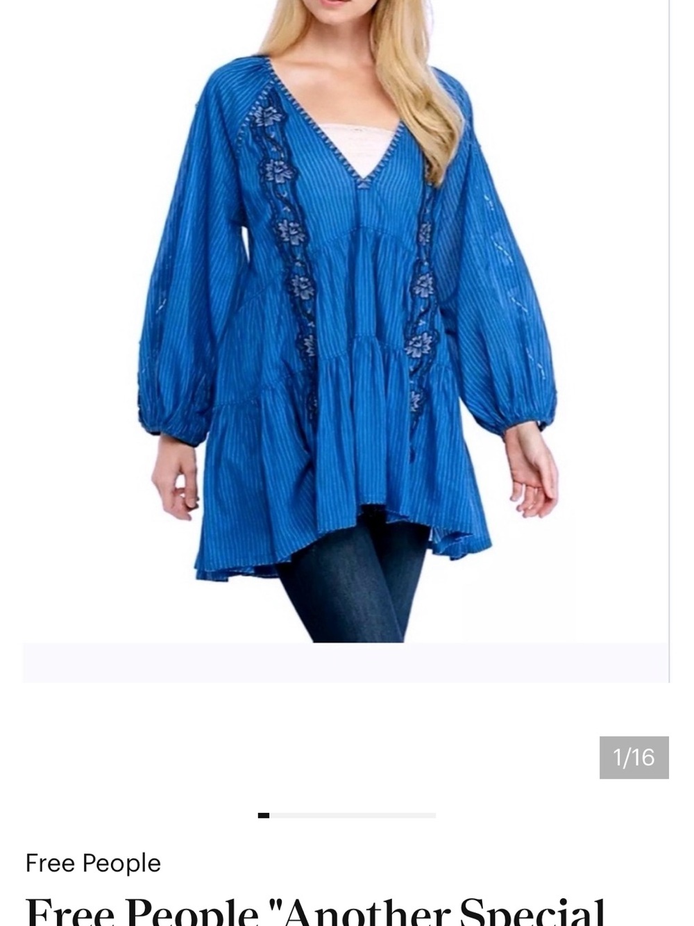 Free People Blue Embroidered V‑Neck Peasant Tunic